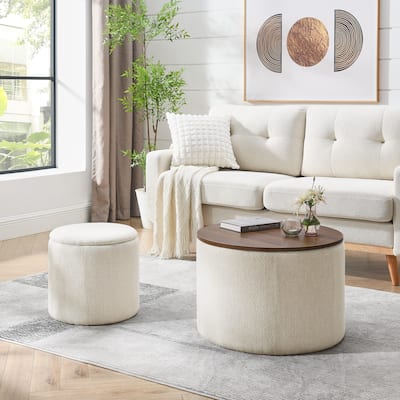 2Piece Set Round Chenille Storage Ottoman, Equipped with a Drum Shaped Small Stool
