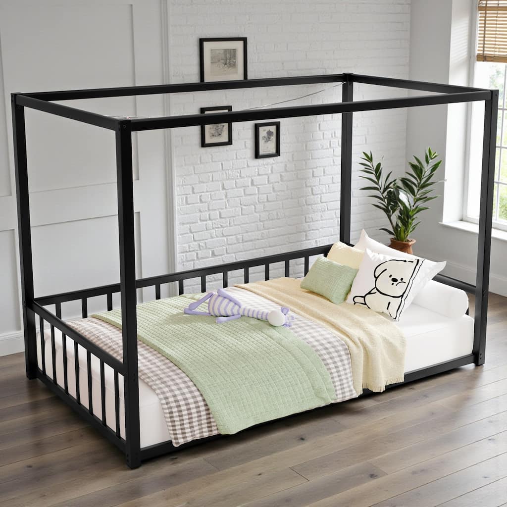 Twin Metal Floor Bed with House Canopy Frame and Guardrails, Low Profile Kids Bed with Safety Fence