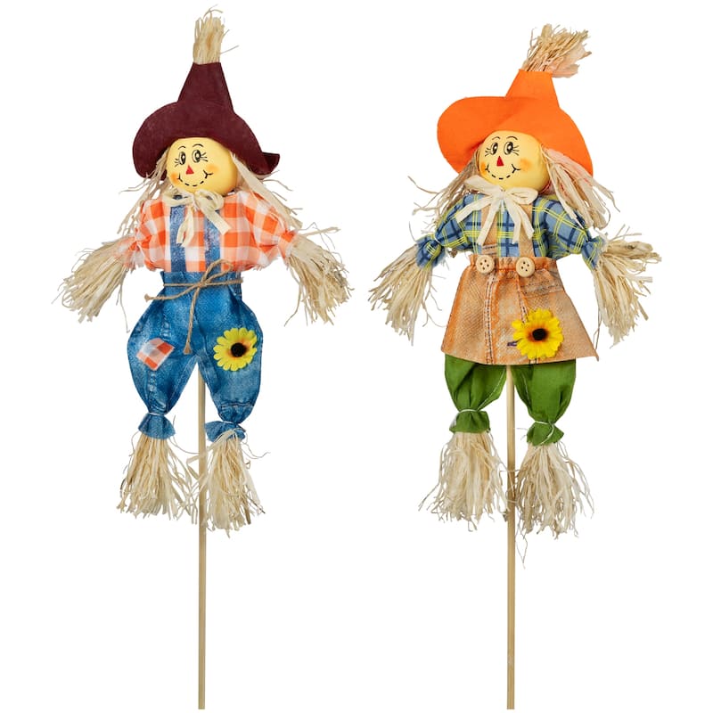 Set of 2 Boy and Girl Fall Harvest Scarecrow Picks 18"