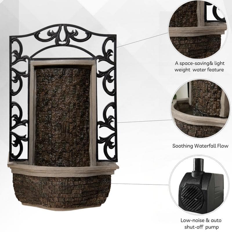 30" Wall Mounted Water Fountain - Indoor Outdoor, Black Stone Finish, Cascading Waterfall Decor