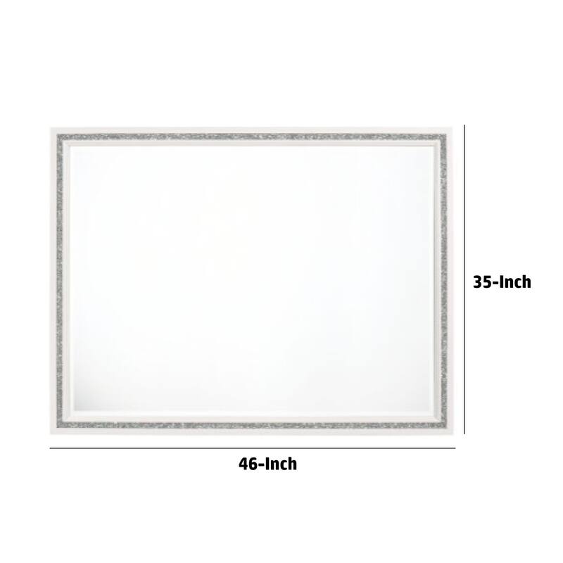 46 Inch Solid Wood Mirror, Shimmering Silver Accent, Landscape, White
