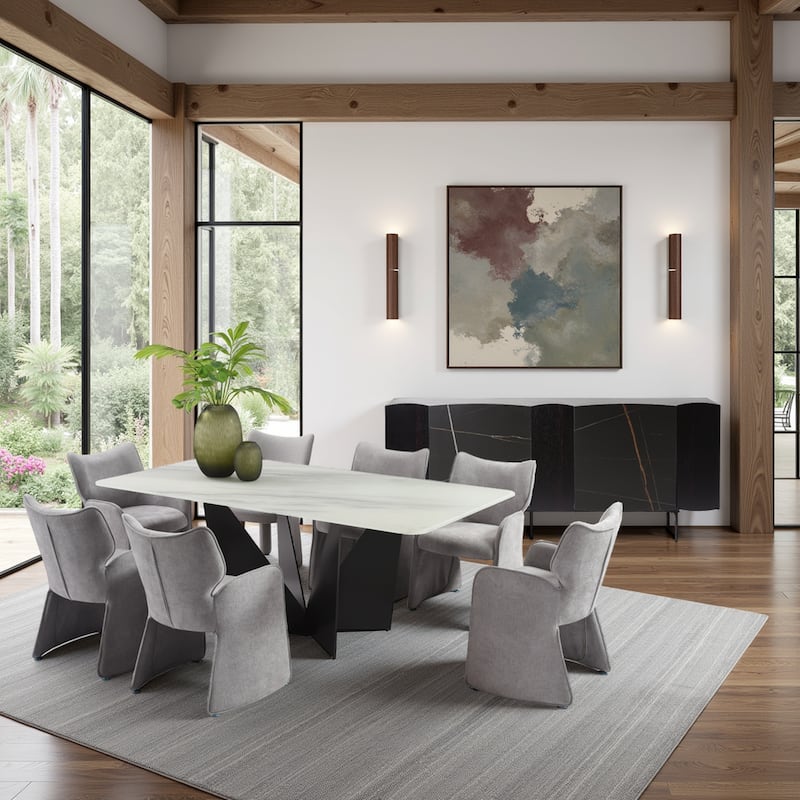 Olivia Modern 7-Piece Dining Set with Upholstered Chairs and Tempered Glass Tabletop - Grey