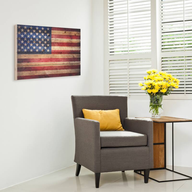 American Flag Print on Solid Fir Wood Plank Wall Art