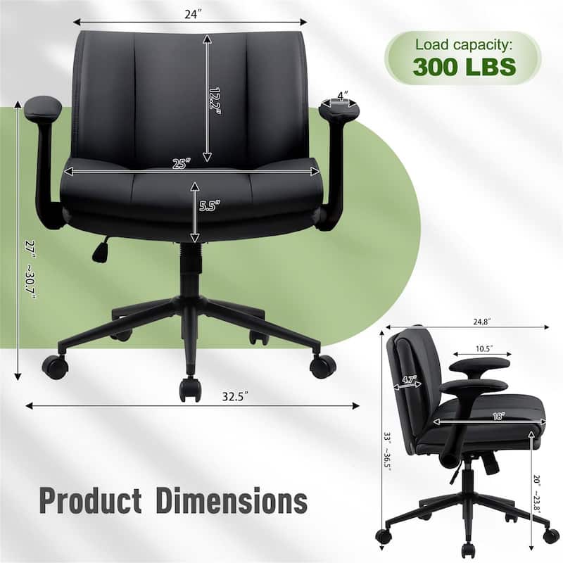 Black Leather Office Chair with Crossed Legs & Flip-Up Armrests
