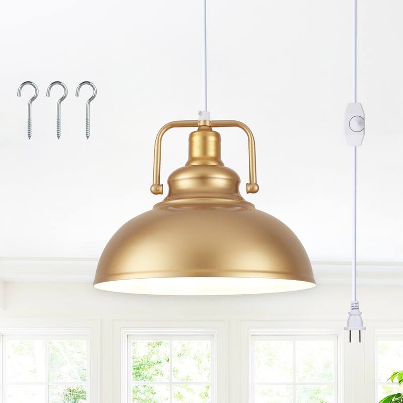 1 - Light Modern Industrial Plug-In Pendant Light with Metal Dome Lampshade - Spray Gold