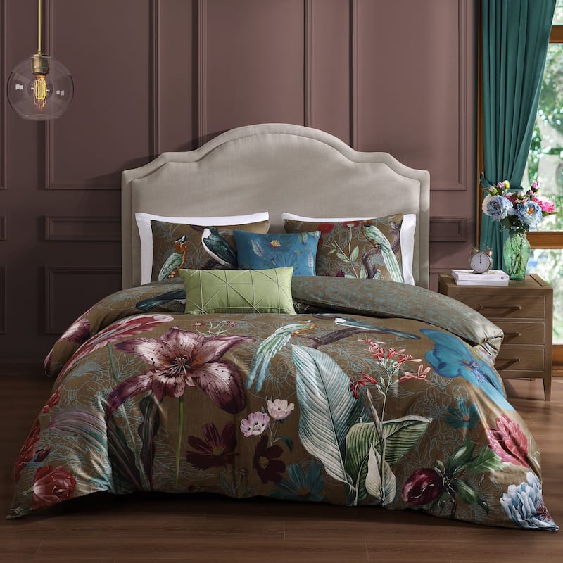 Bebejan Birds on Chocolate Brown 100% Cotton Sateen 5 Piece Reversible Comforter Set