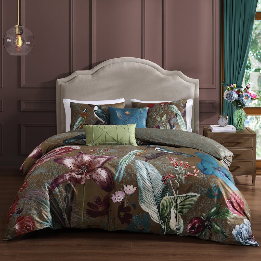 Bebejan Birds on Chocolate Brown 100% Cotton Sateen 5 Piece Reversible Comforter Set