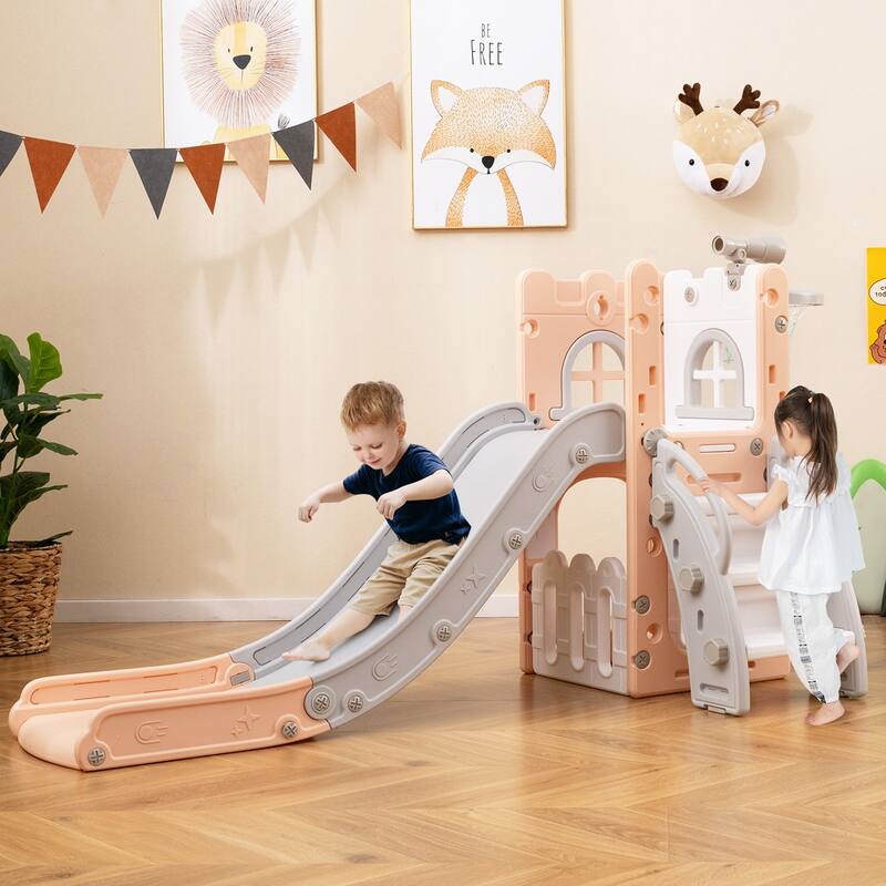 6 in 1 Toddler Slide and Playset for Kids with Basketball Hoop Climber Telescope and Storage - 27" x 57" x 33.5" (L x W x H)