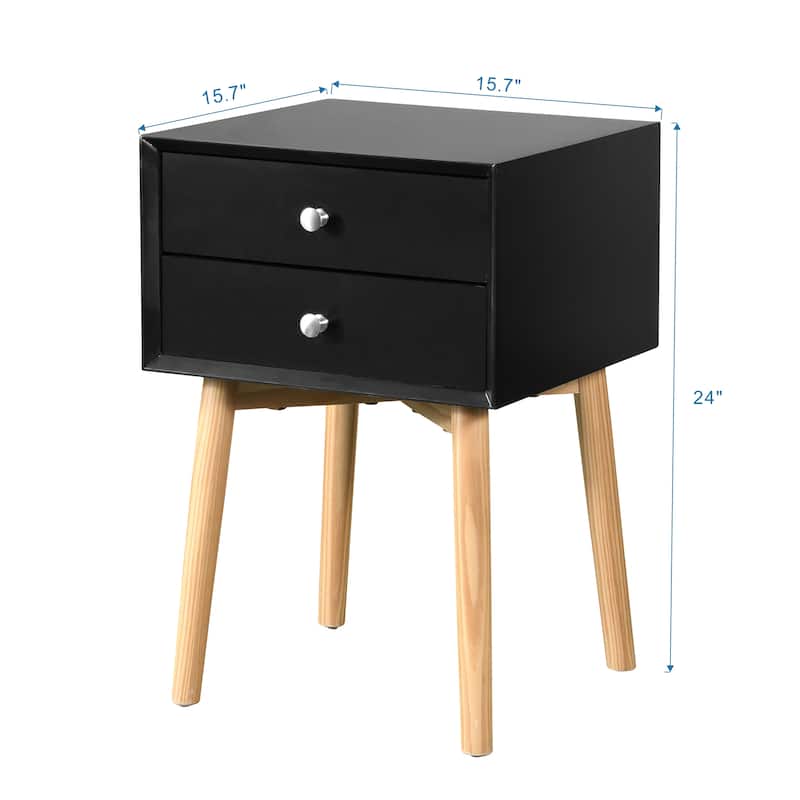 Mid-Century Modern Black Bedside Table with 2 Drawers and Rubber Wood Legs