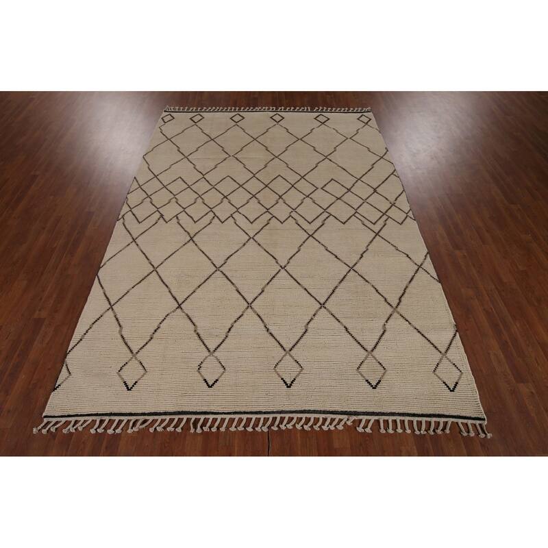 Trellis Moroccan Area Rug Handmade Oriental Beige Wool Carpet - 7'10"x 10'9"