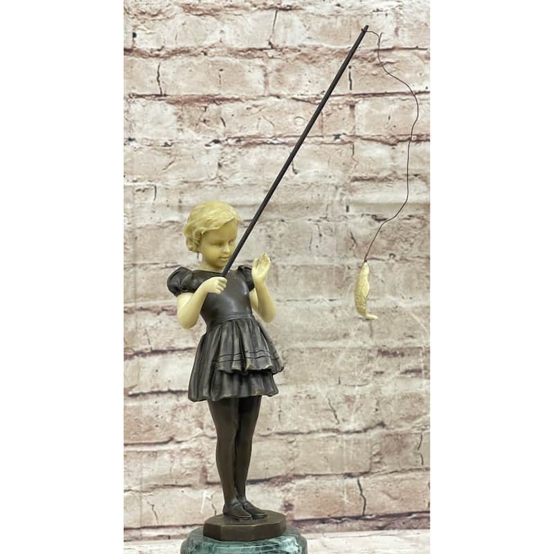 Young Girl Child Fishing Bronze Metal Statue Sculpture Figure On Marble Base