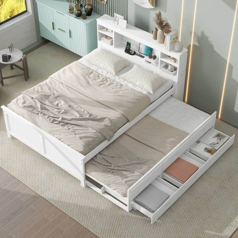 Twin & Full Size Platform Bed with Storage Headboard, USB, Twin Size Trundle and 3 Drawers