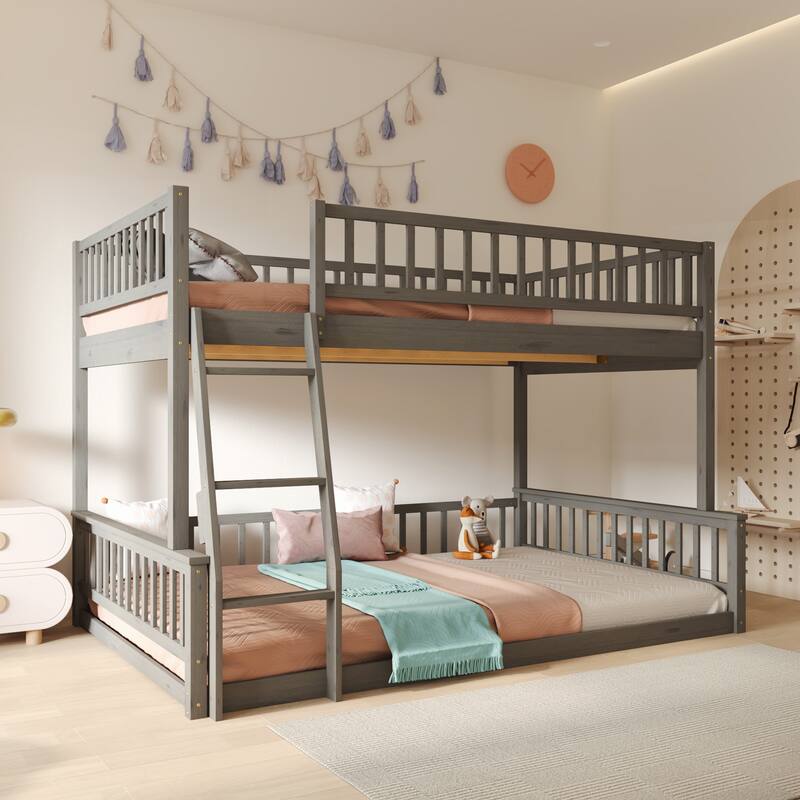 Harper&Bright Designs Full XL over Queen Bunk Bed with Ladder and Guardrails - Grey - Queen
