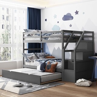 Wood Bunk Bed with Twin Trundle and 3 Storage Stairs, Grey