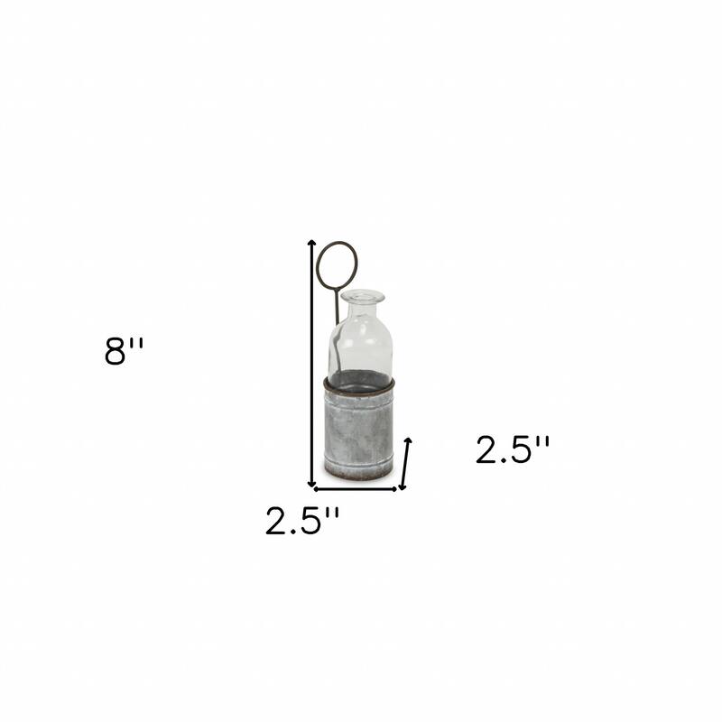 HomeRoots 8" Gray Galvanized Metal and Glass Jar Holder - 2.5" x H: 8"