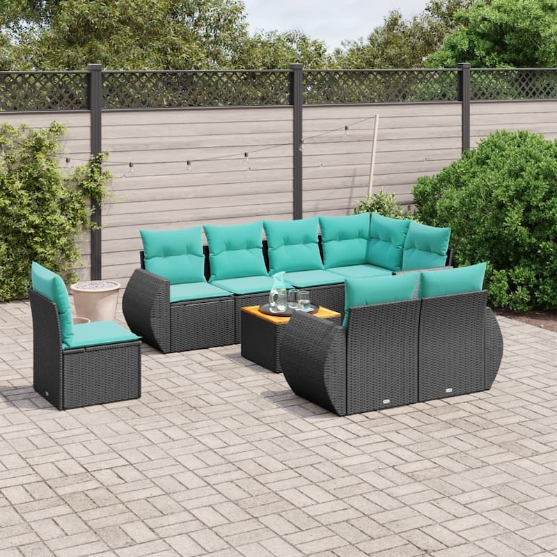 vidaXL 9 Piece Patio Sofa Set with Cushions Black Poly Rattan - 24.4 x 24.4 x 27.2 - Black-corner + Table + 2x middle