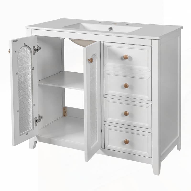 bathroom vanity with two soft close doors and adjustable shelves