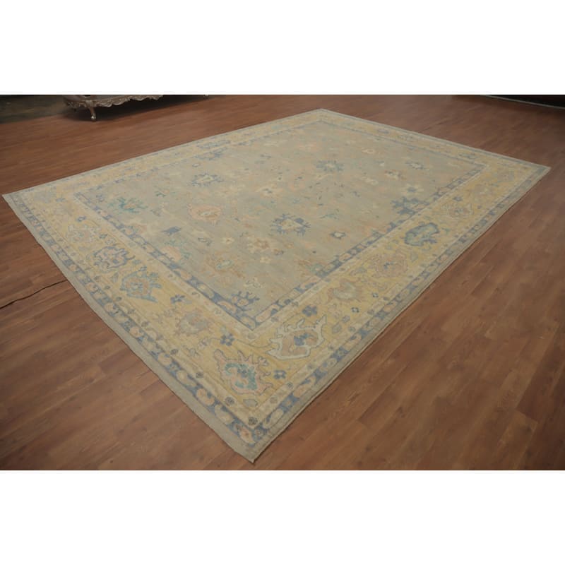 Vegetable Dye Wool Oushak Turkish Area Rug, Floral Geometric Carpet - 12' 5'' X 9' 3''