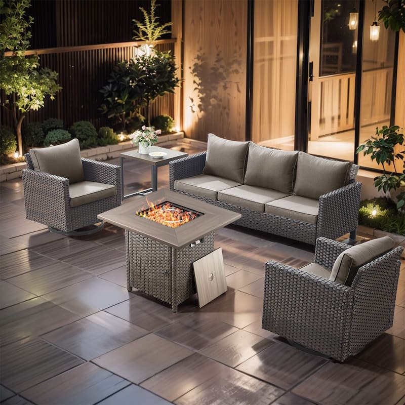 5 Pieces Fire Pit Table with Sofa Swivel Chair Set - Brown Wicker - Gray cushion