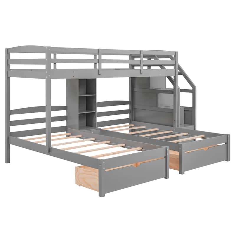 Space-Saving Triple Bunk Bed with Storage Drawers, Staircase & Built-in Shelves, Gray