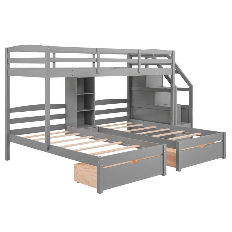 Space Saving Twin over Twin & Twin Triple Bunk Bed with Large Storage Drawers and Shelves