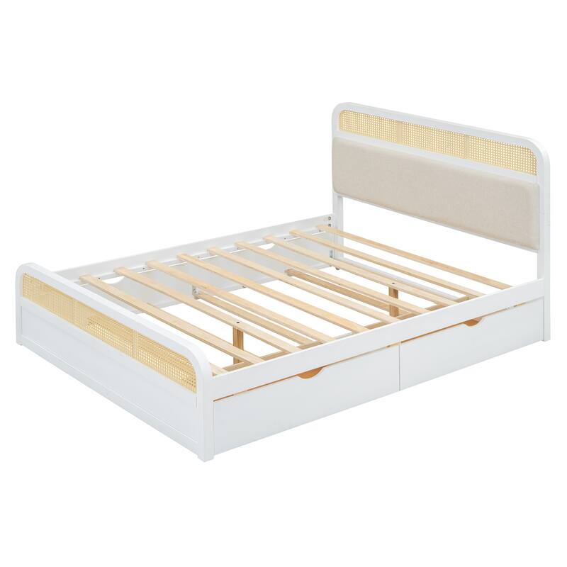 Rattan Platform Bed Queen Wooden Bed Frame with Twin Trundle and 2 Drawers, Headboard with Padded Cushion Mattress Not Included