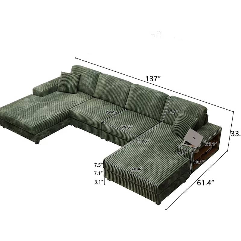 Modern Convertible U-shaped Wood Frame Sectional Sofa with Storage Armrests