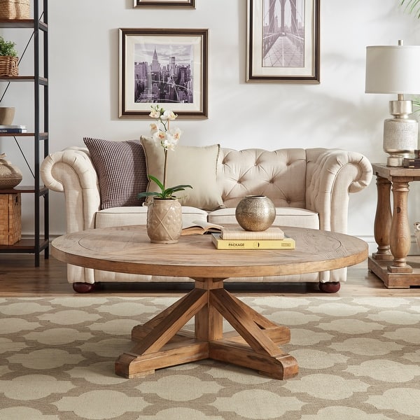 slide 2 of 3, Krakova Rustic X-Base Round Pine Veneer Wood Coffee Table