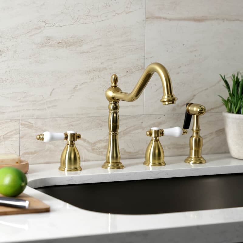 Kingston Brass Heritage Porcelain Kitchen Faucet with Side Spayer - 16'' (L) x 9-1/16'' (W) x 9-3/8'' (H)