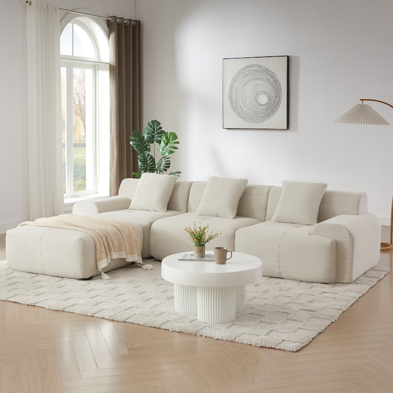 Livingroom L-Shaped Corduroy Sectional Sofa, Modular Couch 3 Seat Straight Sofa with Movable Ottoman