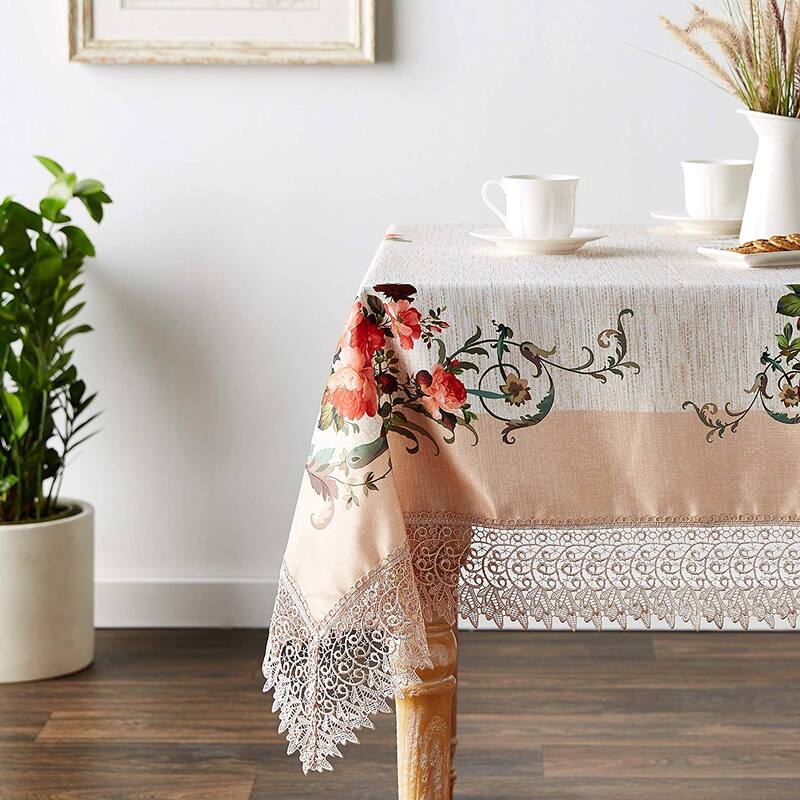 Violet Linen Ascott Printed Decorative with Lace Trimming Pattern Tablecloth - 70" X 105" - Ivory