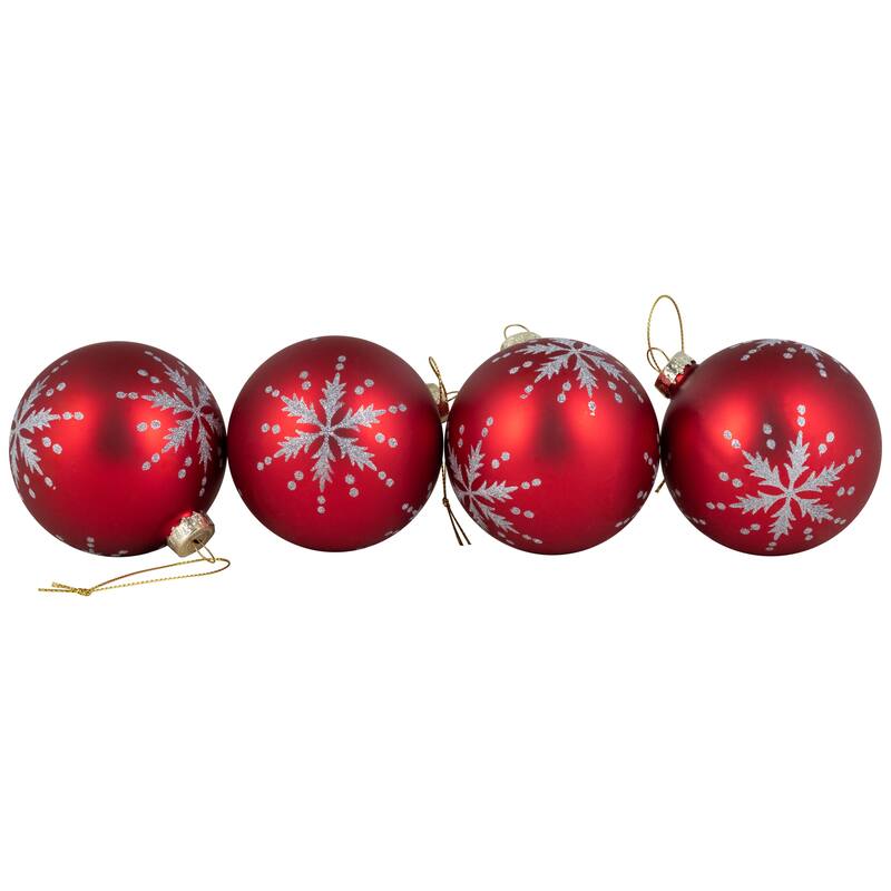 Glittered Snowflakes Matte Finish Glass Ball Christmas Ornaments - 3" (75mm) - Red - 4ct