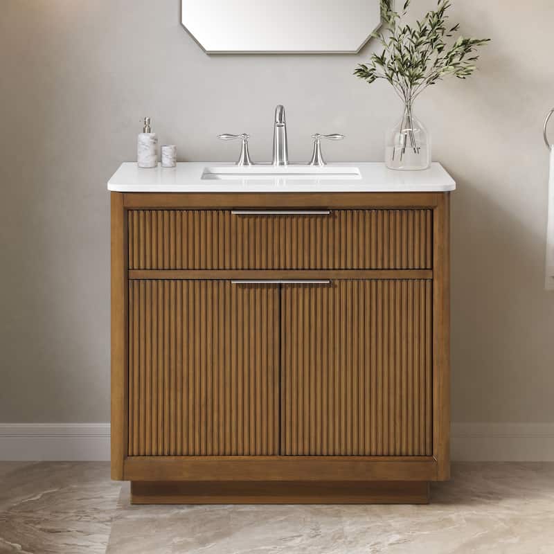OVE Xander Bathroom Vanity with White Engineered Stone Top - 36" - Warm Walnut with Brushed Nickel Hardware