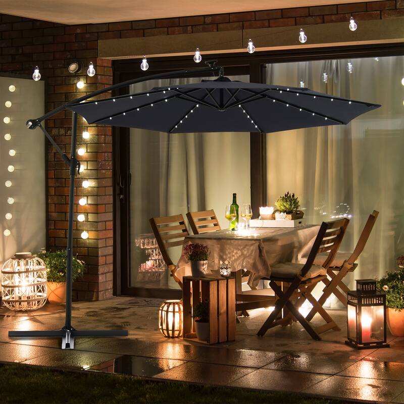 HOMEFUN 10ft Solar LED Offset Hanging Market Patio Umbrella