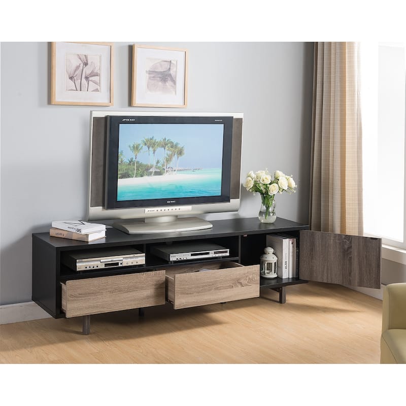 TV Cabinet Media Stand with Two Drawers and One door in Black, Distressed Grey, Dark Taupe - 20.25"H x 70.75"W x 15.5"D