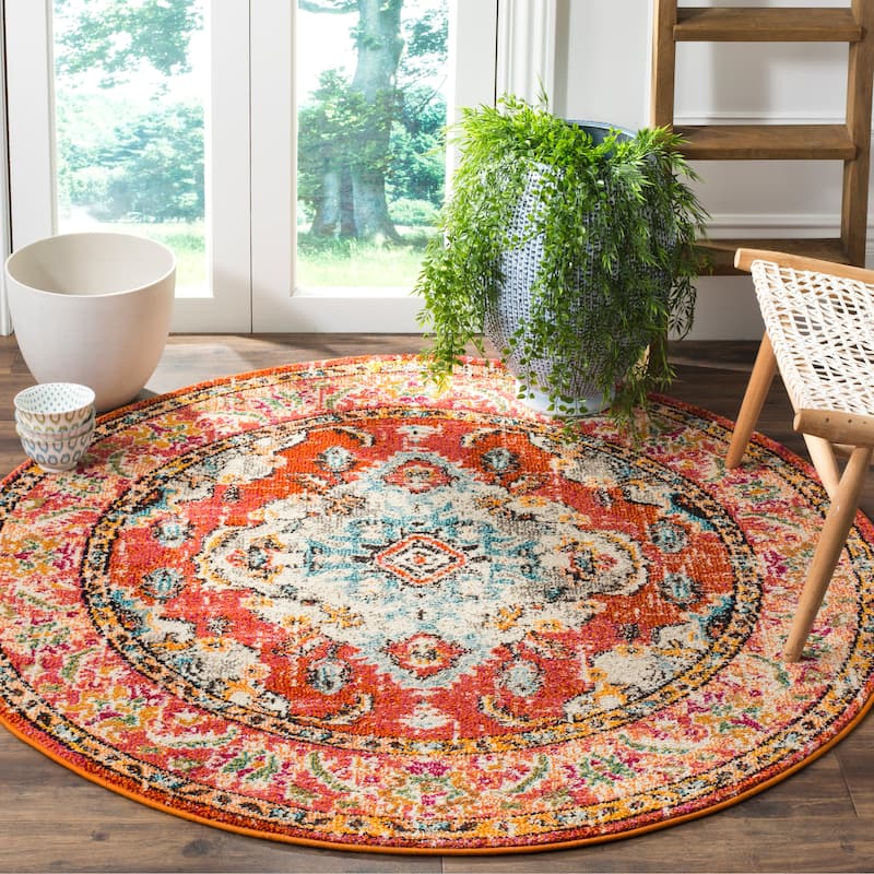 SAFAVIEH Monaco Oceane Boho Medallion Distressed Area Rug - 4' Round - Orange/Light Blue