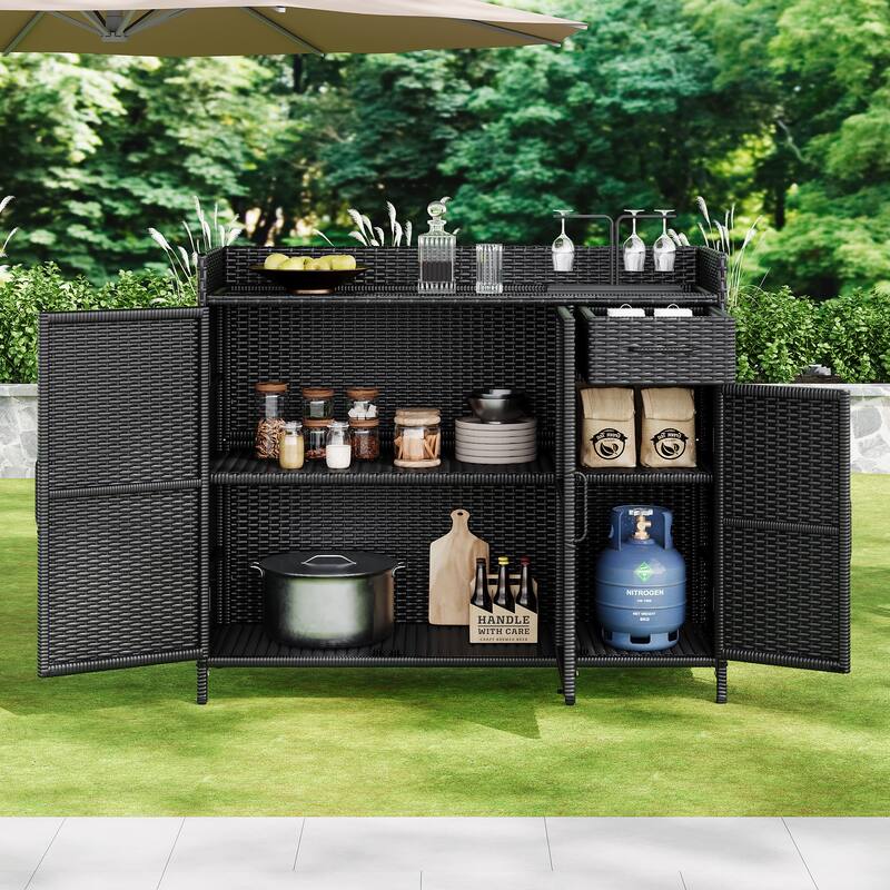 Wicker Storage Cabinet Outdoor Kitchen Iskand Rattan Bar Table Barbecue Cabinet