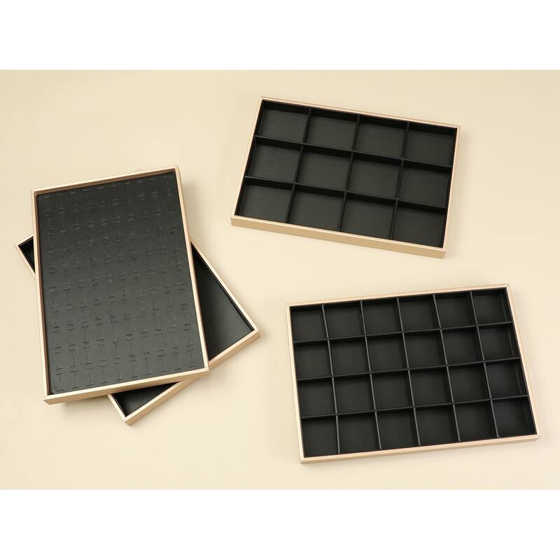 Set of 2 Stackable PU Leather Jewelry Organizer Trays with Removable Dividers for Drawers, Jewelry Organizer Storage - Black