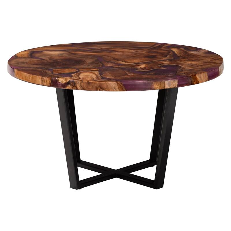 Apio Round Wood Epoxy Resin Coffee Table - Handcrafted Live Edge Teak Wood Accent Table with Black Metal Base, Modern Rustic