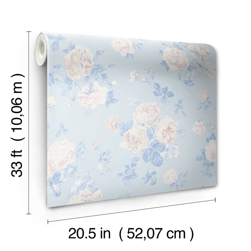 LoveShackFancy A-Street Prints Everblooming Rosettes Whisper Blue Cabbage Rose Bouquets Wallpaper