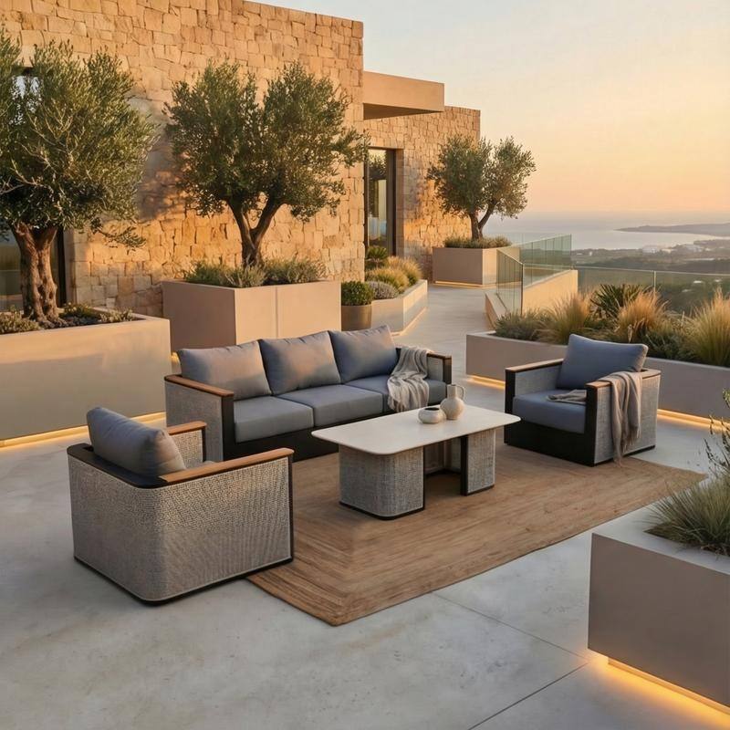 Arvin 4-Piece Outdoor Patio Conversation Set in Aluminum with Olefin Fabric Cushions Sintered Stone Rectangular Coffee Table