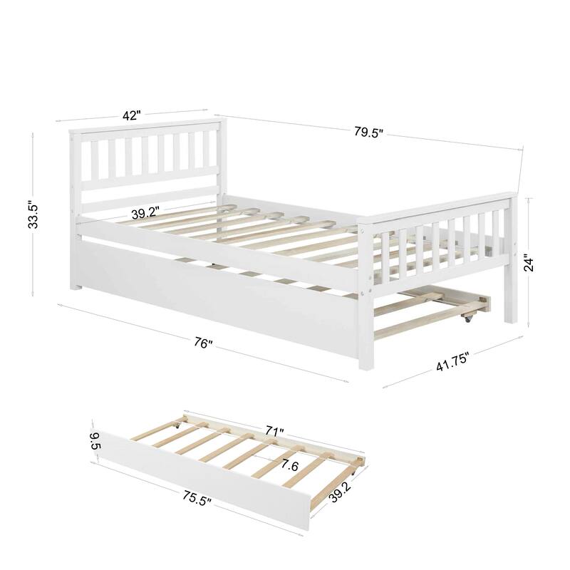 Space-Saving Twin Platform Bed with Pull-Out Trundle, Headboard & Footboard, No Box Spring Needed, White