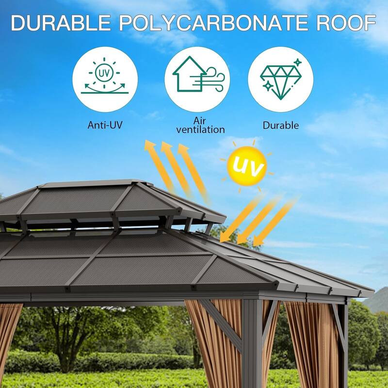 Hardtop Outdoor Double Roof Gazebo, Aluminum Frame Permanent Pavilion with Curtains and Nettin