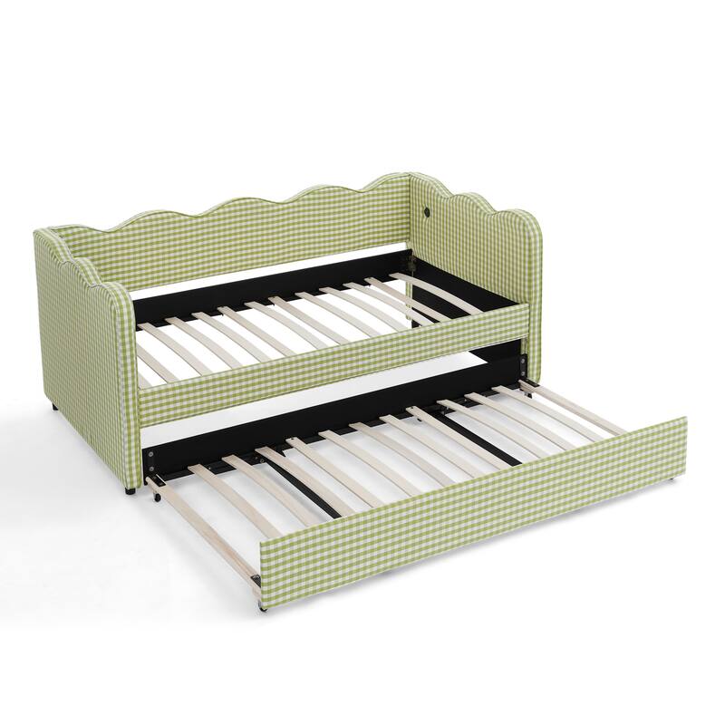 Linen Fabric Gingham Daybed with Trundle, Twin Size Sofa Bed with USB Port and Adorable Wave Shaped Headboard
