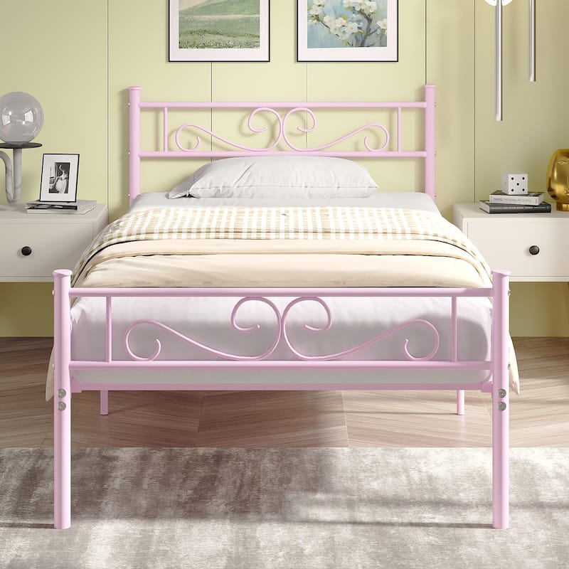 VECELO Premium Platform Bed Frame with Headboard,Easy Set-up Twin/Full/Queen Size Bed - Pink - Twin