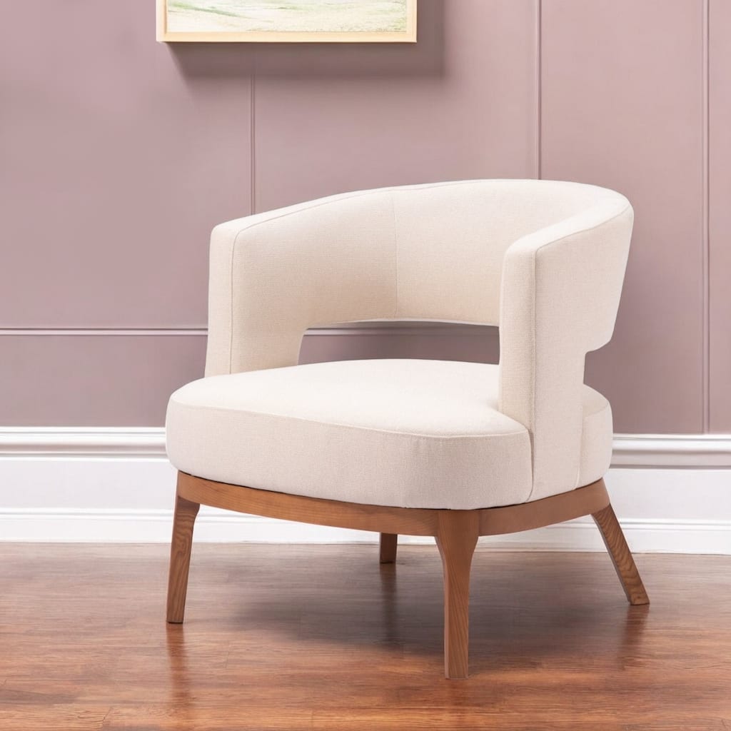 HomeRoots 27" Beige And Brown Fabric And Wood Arm Chair - 26.8' X '27.2' X '27.2