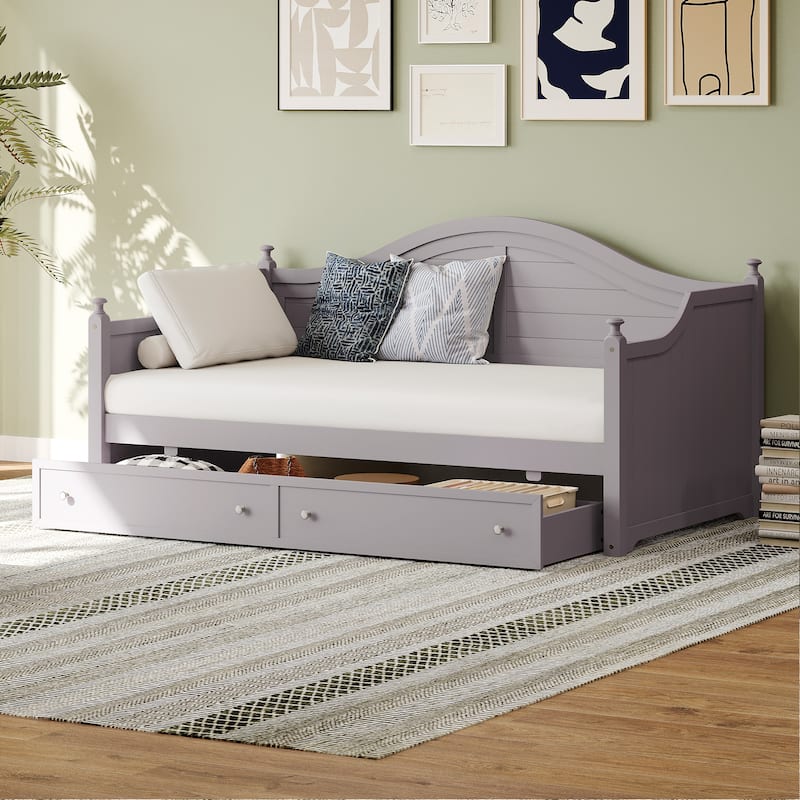 Twin Size Wood Daybed with 2 Storage Drawers ,Wooden Sofa Bed with Handrail for Living Room Bedroom, White