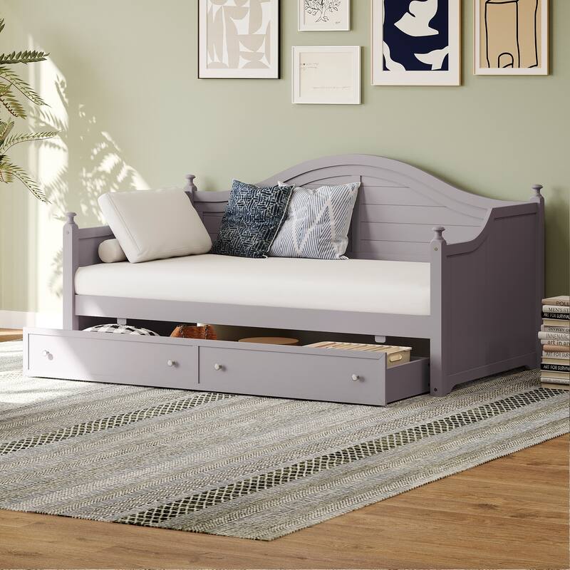 Wooden Daybed with 2 Storage Drawers, Twin Size Storage Platform Bed - Twin Size Extendable Day-bed Pop-up Trundle Bed, Sofa Bed