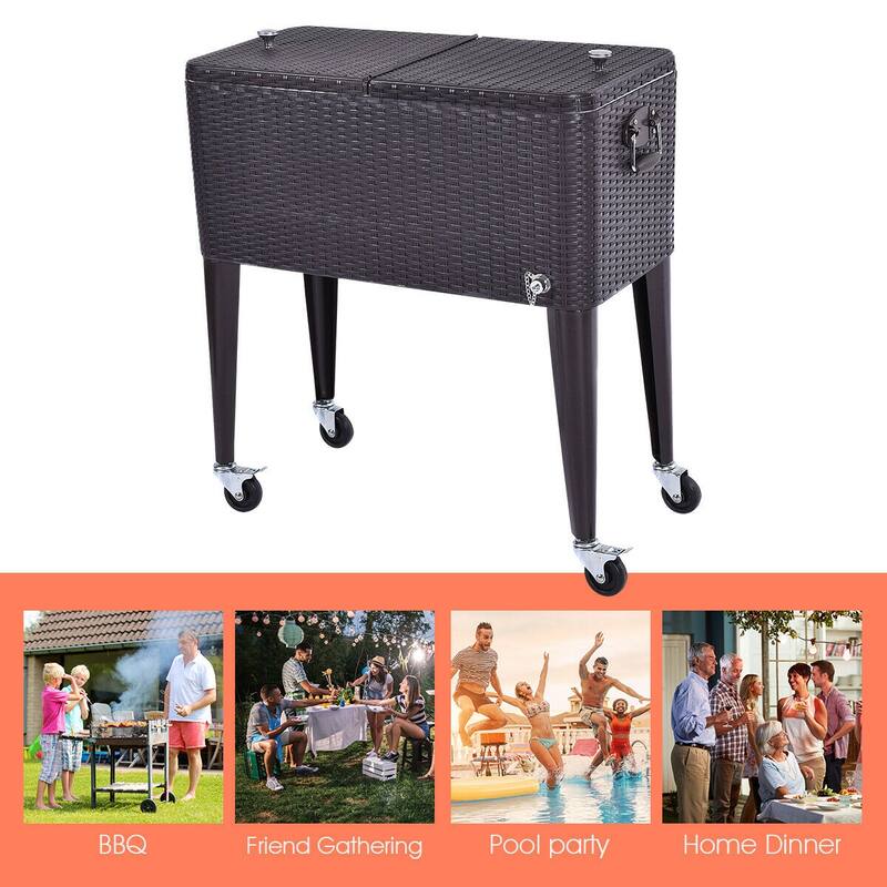 Costway Outdoor Rattan 80QT Party Portable Rolling Cooler Cart Ice