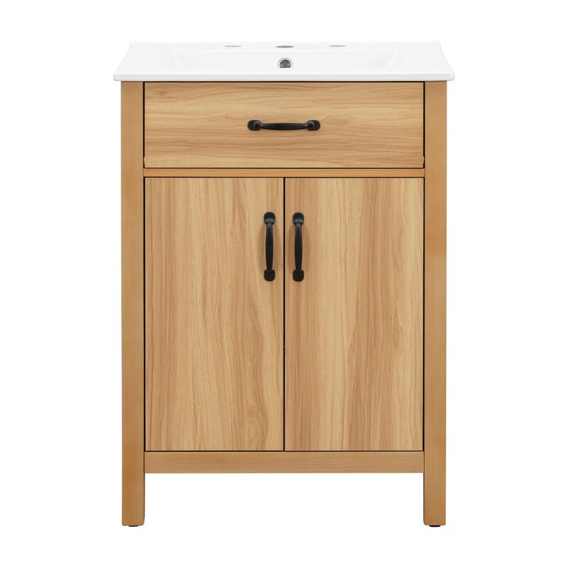GDFStudio - Barro Transitional Freestanding Bathroom Vanity Cabinet with Ceramic Sink, Dual-Layer Rack & Soft Close Storages